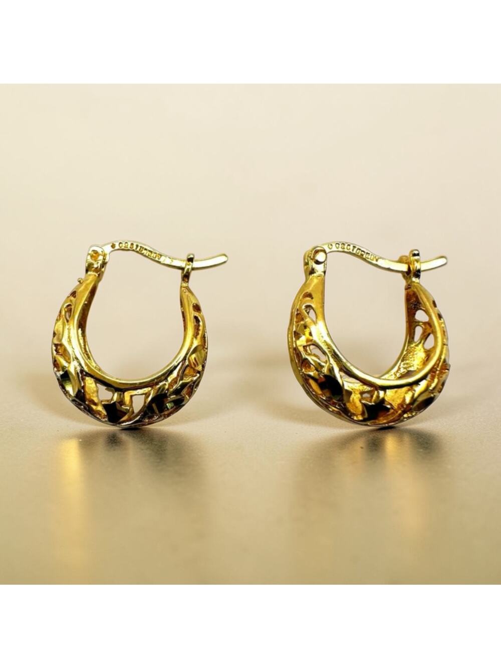 Gold Vermeil Filigree Hoop Earring 925 Turkey Mark Pierced Casual Hoops